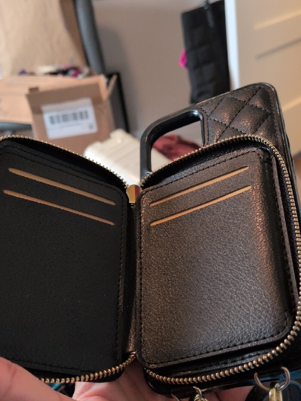 Quilted Black Zipper Phone Case with Card Pocket - Compatible Cell Accessory - Picture 3 of 4